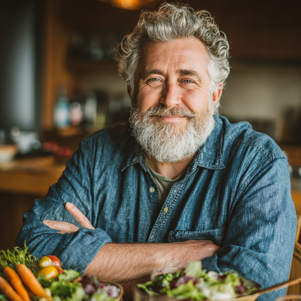 Happy middle-aged man around 50 years old with gray beard wearing a blue button-down shirt, sitting at a dining table with fresh salad and healthy meal, smiling naturally, warm indoor lighting, wellness and nutrition concept